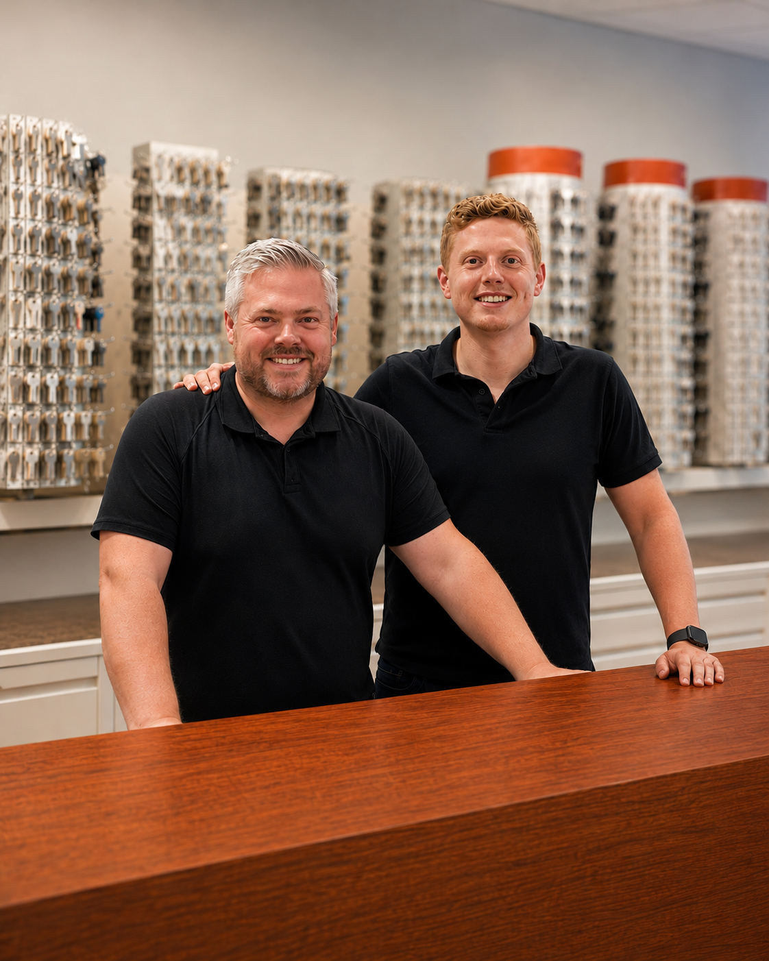 Lars en Nick Westendorp achter de toonbank in de winkel, met sleutelwand op de achtergrond