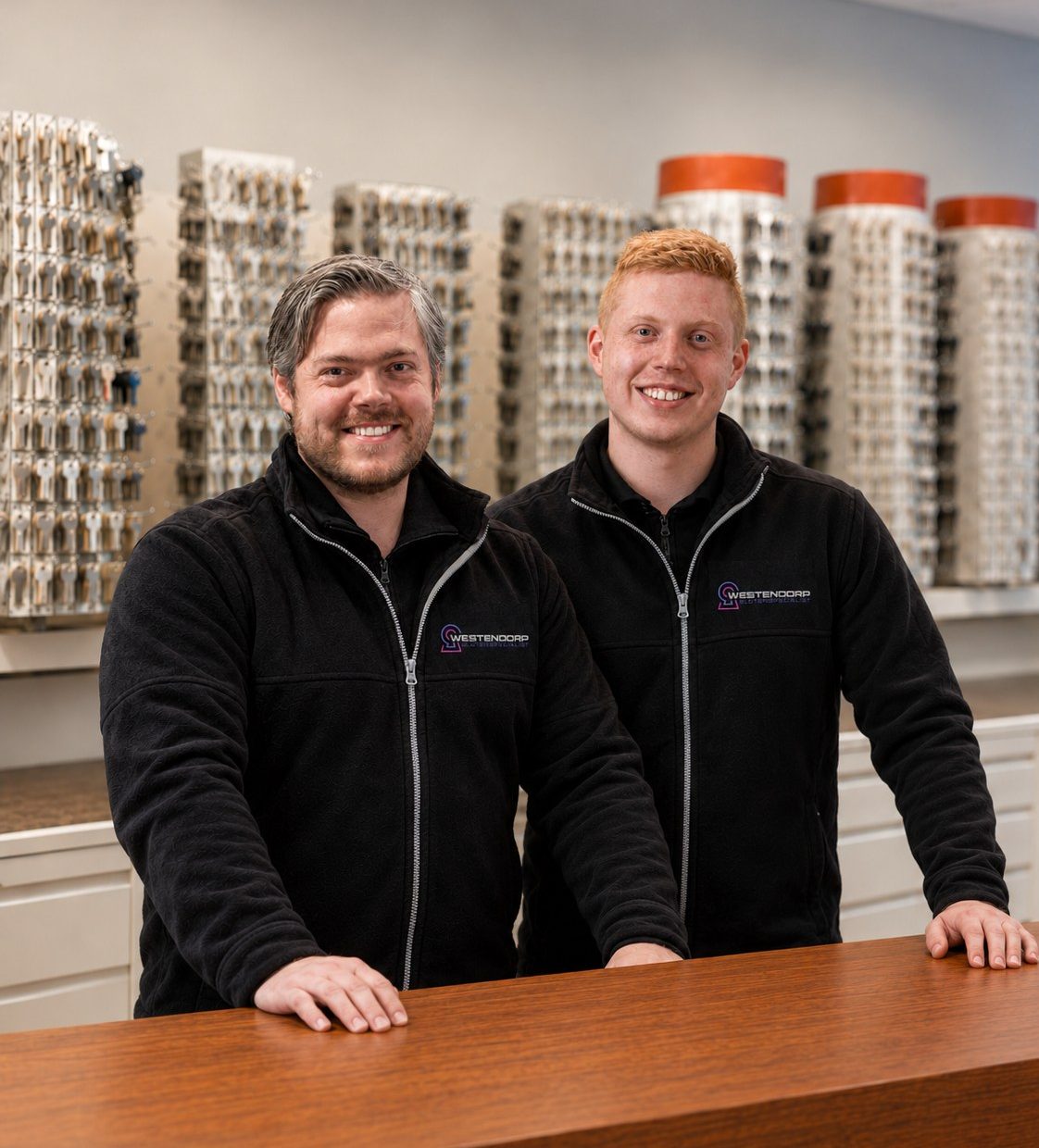 Lars en Nick van Westendorp Slotenspecialist achter de balie in de sleutelwinkel in Enschede.